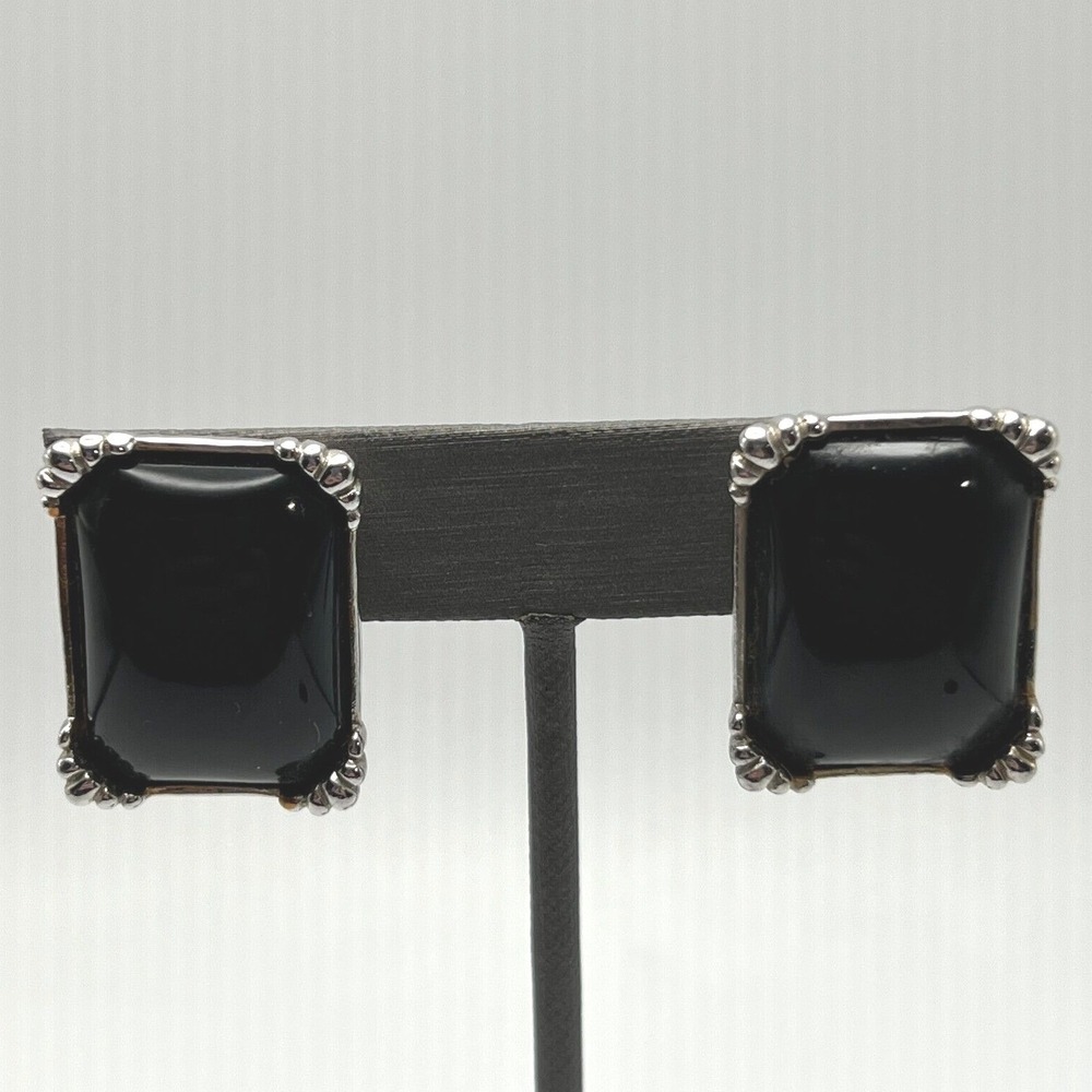 Vintage Clip On Earrings Retangular‎ Silver Tone Black Glass Stone
